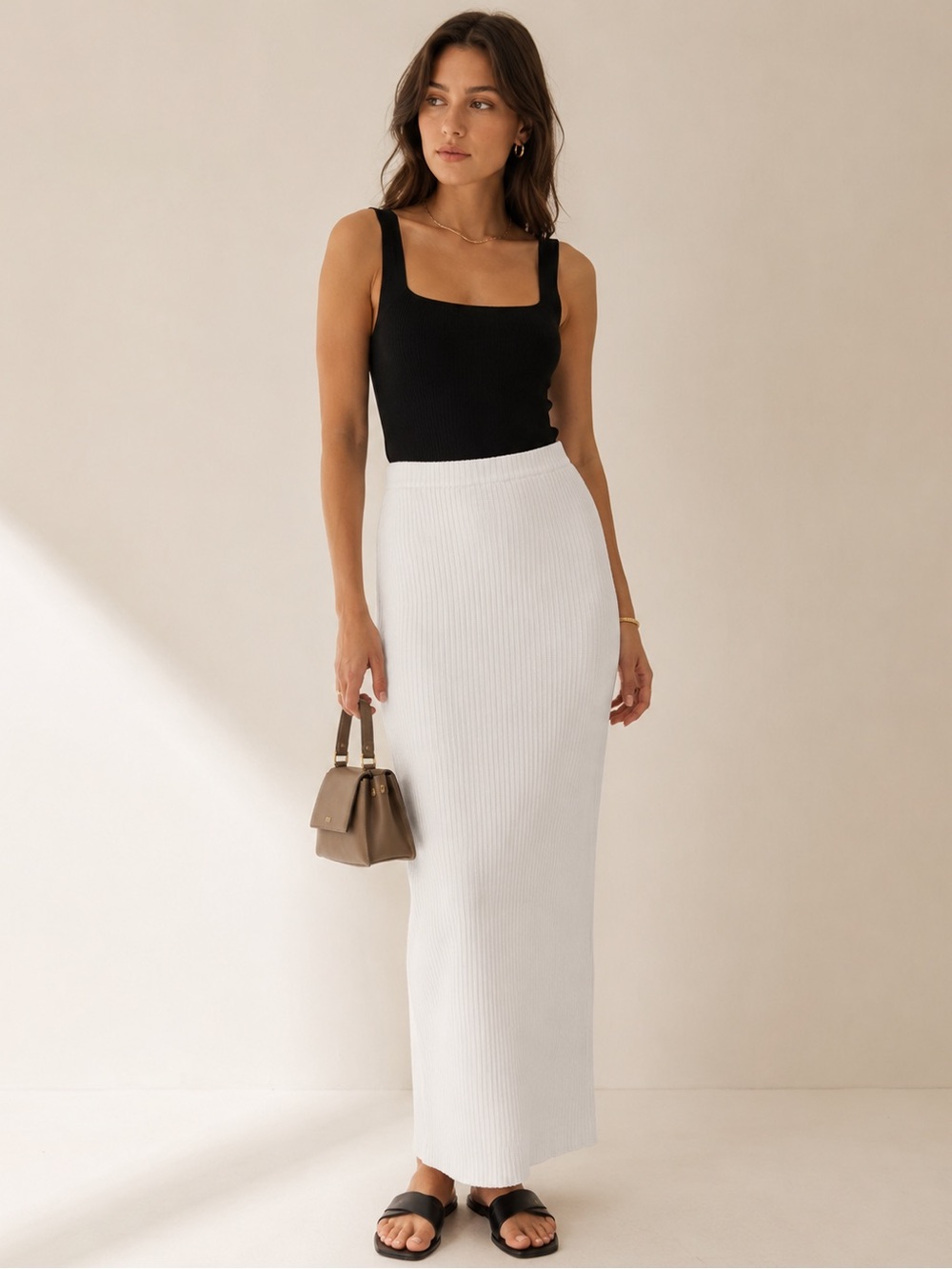 SABO SKIRT White Ribbed Knit Maxi Skirt Stretch Column XS US 2
